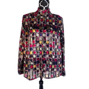 Yves St Clair Bold Maximal‎ Square Print Mock Neck Long Sleeve Blouse Size 12